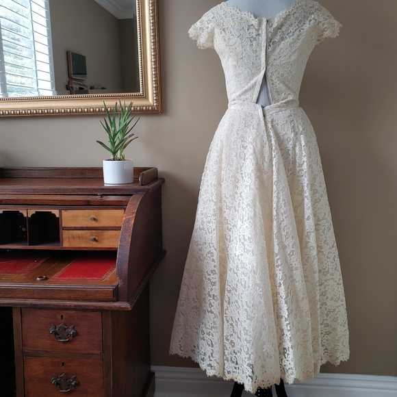 William Cahill Vintage 50s Ivory Lace Short Sleeve Tea Length Midi Wedding Dress - Picture 5 of 12